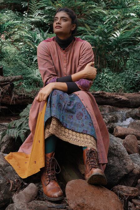 Buy_Mantra_Purple Handloom Cotton Mandarin Gingham Checkered And Motif Pattern Midi Dress _Online_at_Aza_Fashions