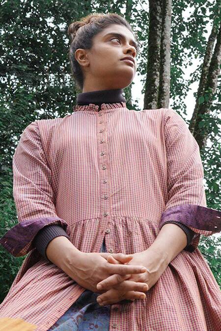 Shop_Mantra_Purple Handloom Cotton Mandarin Gingham Checkered And Motif Pattern Midi Dress _Online_at_Aza_Fashions