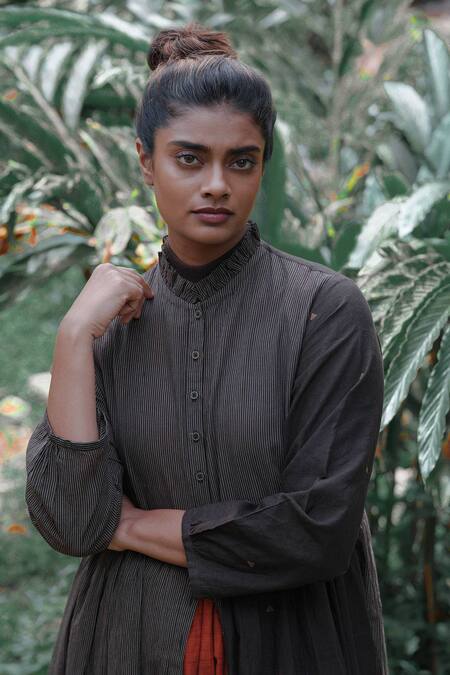 Mantra_Brown Handloom Cotton Mandarin Collar Striped And Motif Pattern Midi Dress _Online_at_Aza_Fashions
