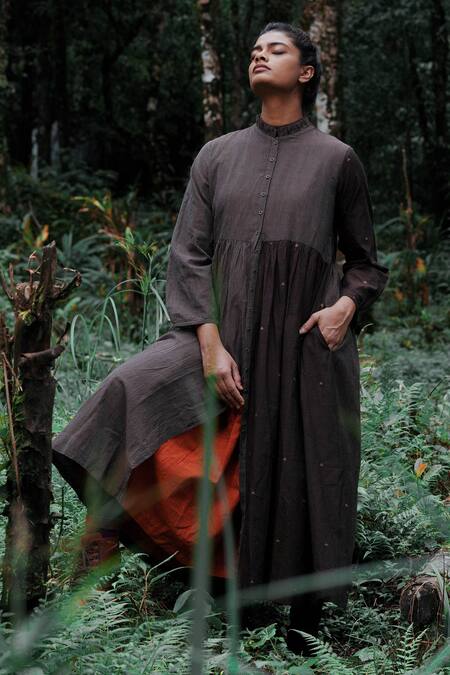 Buy_Mantra_Brown Handloom Cotton Mandarin Collar Striped And Motif Pattern Midi Dress _Online_at_Aza_Fashions