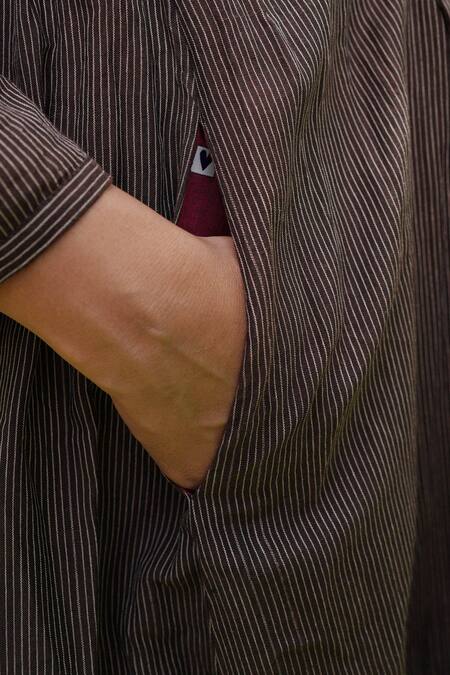 Shop_Mantra_Brown Handloom Cotton Mandarin Collar Striped And Motif Pattern Midi Dress _Online_at_Aza_Fashions