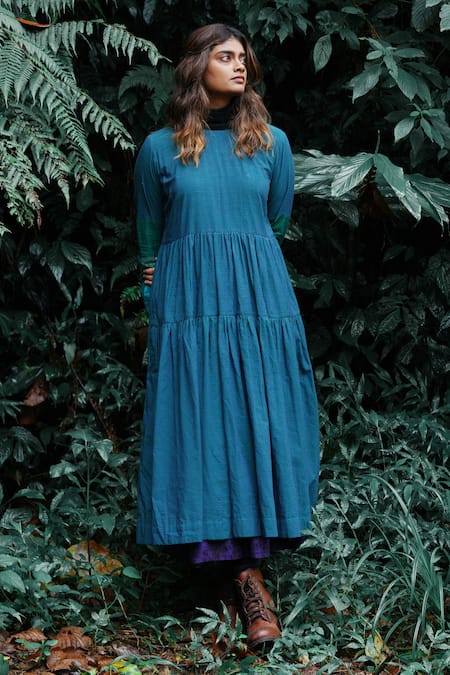 Mantra_Blue Handloom Cotton Round Neck Striped Tiered Midi Dress _Online_at_Aza_Fashions