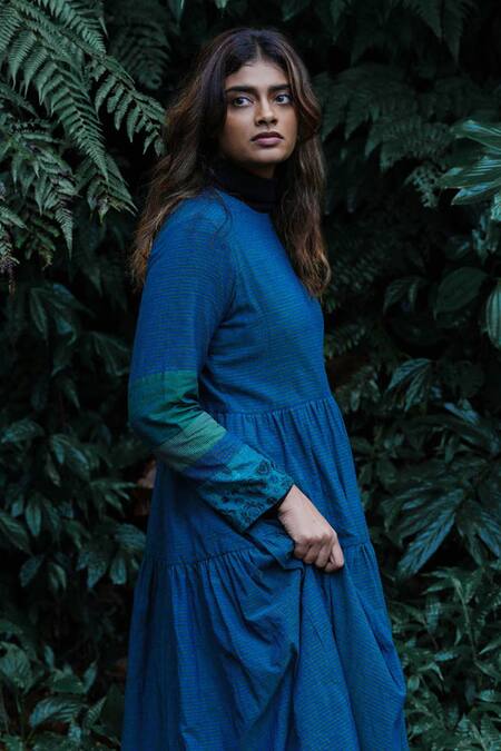 Buy_Mantra_Blue Handloom Cotton Round Neck Striped Tiered Midi Dress _Online_at_Aza_Fashions