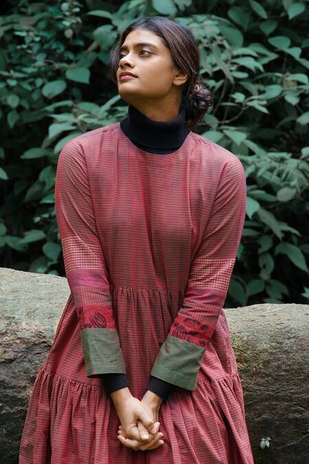 Mantra_Brown Handloom Cotton Round Neck Striped Tiered Dress _Online_at_Aza_Fashions