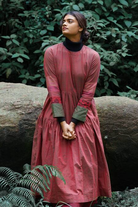 Buy_Mantra_Brown Handloom Cotton Round Neck Striped Tiered Dress _Online_at_Aza_Fashions