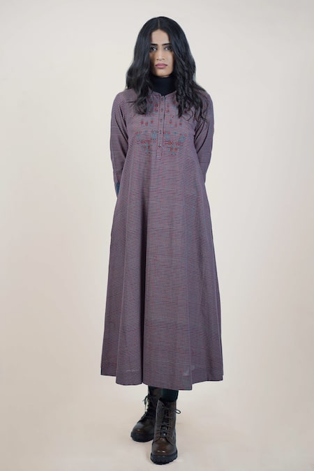 MANTRA Purple Handloom Cotton Mangalgiri Checkered Floral Embroidered Midi Dress 