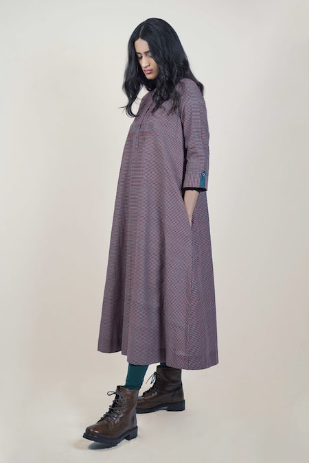 Mantra Floral Embroidered Checkered Midi Dress 