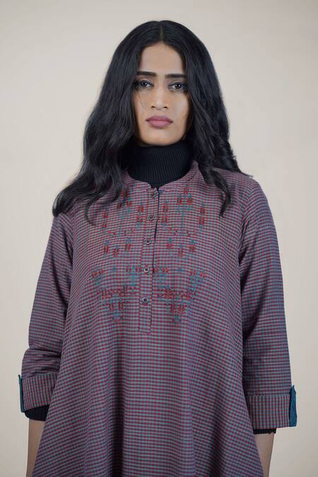 Mantra_Purple Handloom Cotton Embroidery Mandarin Collar Floral Checkered Midi Dress _Online_at_Aza_Fashions