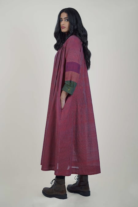 Mantra Striped Fabric Tile Sleeves Midi Dress 