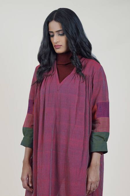 Mantra_Purple Handloom , V-neck Striped Fabric Tile Sleeves Midi Dress _Online_at_Aza_Fashions