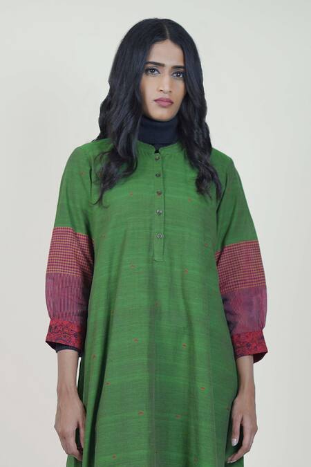 Mantra_Wine Handloom Cotton, Maheshwari Embroidery Mandarin Collar Shirt Dress _Online_at_Aza_Fashions