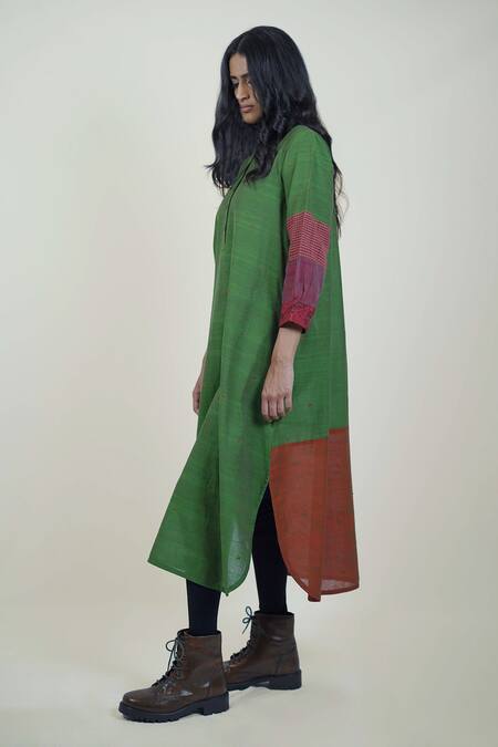 Buy_Mantra_Wine Handloom Cotton, Maheshwari Embroidery Mandarin Collar Shirt Dress _Online_at_Aza_Fashions