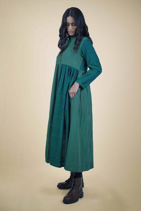 Mantra_Green Handloom Cotton, Maheshwari Embroidery Stripe Pattern Gathered Dress _Online_at_Aza_Fashions