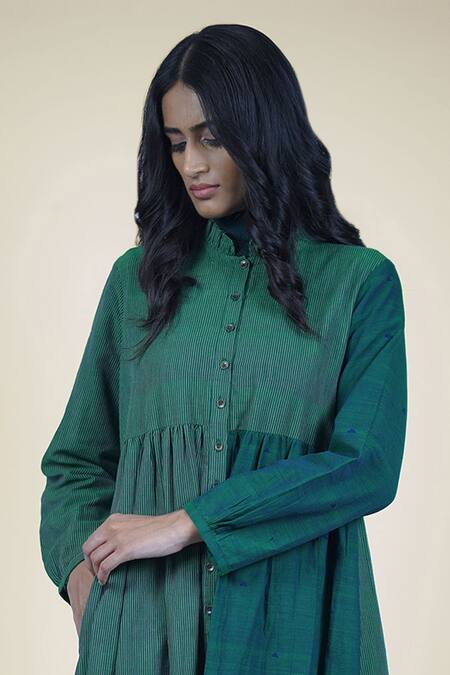 Buy_Mantra_Green Handloom Cotton, Maheshwari Embroidery Stripe Pattern Gathered Dress _Online_at_Aza_Fashions