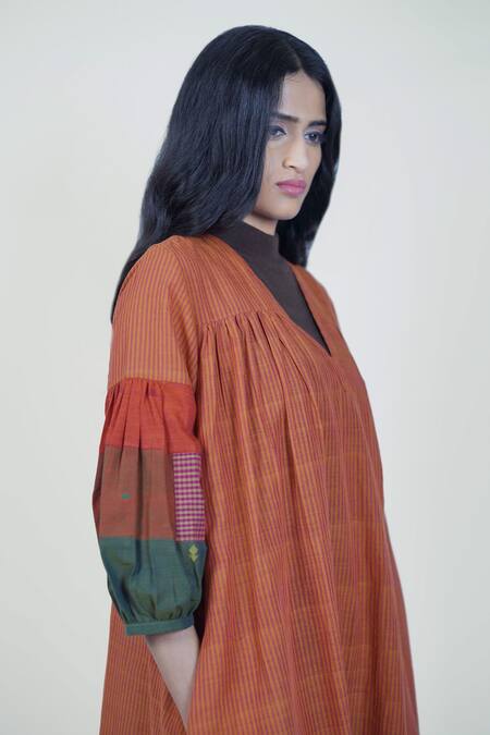 Mantra_Orange Handloom Cotton, Maheshwari Embroidery Patchwork Gathered Yoke Dress _Online_at_Aza_Fashions