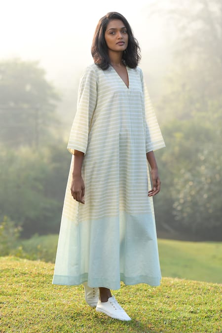 MANTRA Blue Kerala Handloom Print Stripe V-neck Pattern Dress 