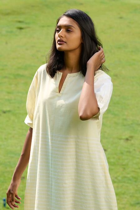 Mantra_Yellow Cotton Split V-neck Kerala Handloom Stripe Pattern Peg Dress _Online_at_Aza_Fashions