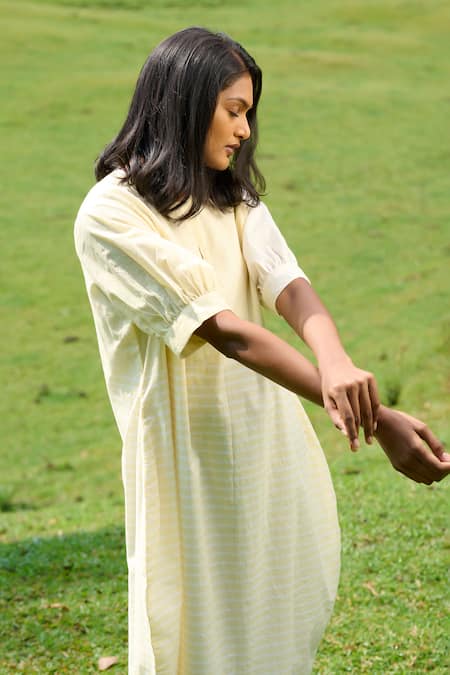 Buy_Mantra_Yellow Cotton Split V-neck Kerala Handloom Stripe Pattern Peg Dress _Online_at_Aza_Fashions