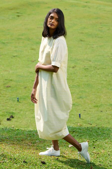 Shop_Mantra_Yellow Cotton Split V-neck Kerala Handloom Stripe Pattern Peg Dress _Online_at_Aza_Fashions