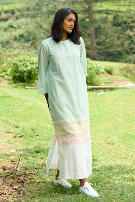 Buy_Mantra_Green Cotton Round Neck Stripe Print Button Down Dress _Online_at_Aza_Fashions