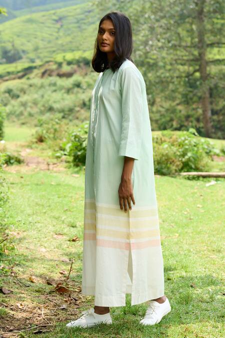 Shop_Mantra_Green Cotton Round Neck Stripe Print Button Down Dress _Online_at_Aza_Fashions