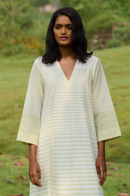 Mantra_Green , Handloom V-neck Radiating Stripe Print Flared Dress _Online_at_Aza_Fashions