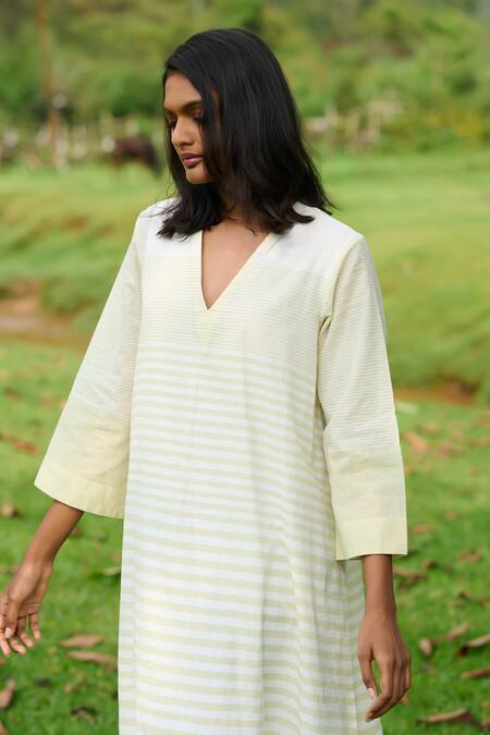 Buy_Mantra_Green , Handloom V-neck Radiating Stripe Print Flared Dress _Online_at_Aza_Fashions