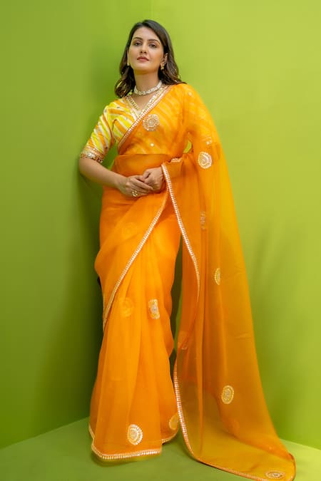 MEHER BY ISLIE Orange Blouse Kora Silk Leheriya Printed Amber Hand Embroidered Saree With 