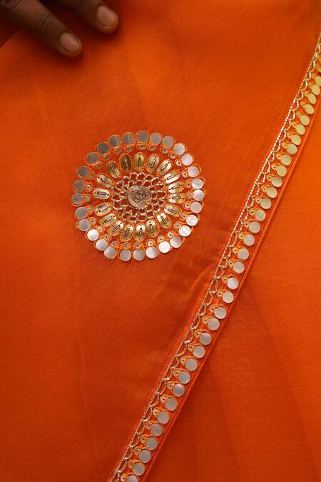 Buy_Meher By Islie_Orange Organza, Kota Doria Sequins, Embroidery, Amber Hand Saree With Blouse _Online_at_Aza_Fashions