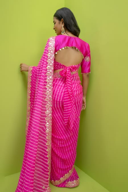 Shop_Meher By Islie_Pink Kota Doria, Georgette Sequins, Embroidery Gulabi Mothra Saree With Blouse _at_Aza_Fashions
