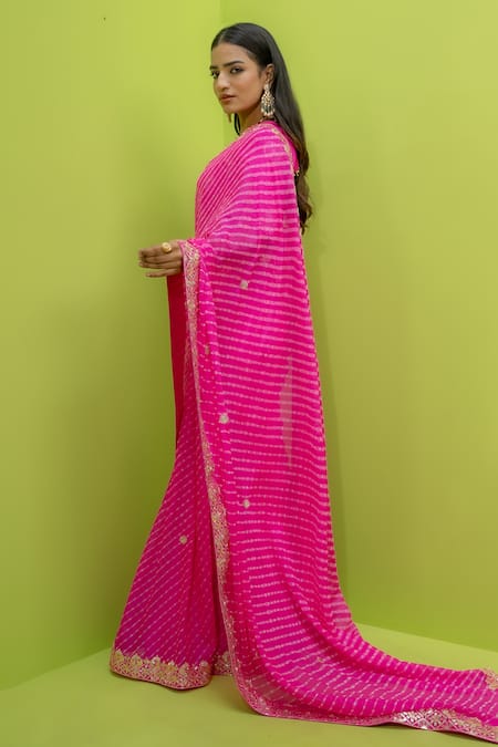 Meher By Islie_Pink Kota Doria, Georgette Sequins, Embroidery Gulabi Mothra Saree With Blouse _Online_at_Aza_Fashions