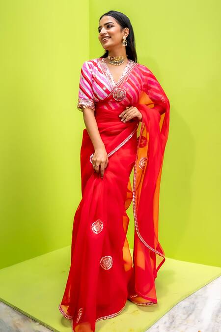 Meher By Islie Red Organza, Kota Doria Embroidery V-neck Gulal Leheriya Saree With Blouse Online at Aza Fashions Meher By Islie_Red Organza, Kota Doria Embroidery V-neck Gulal Leheriya Saree With Blouse _Online_at_Aza_Fashions