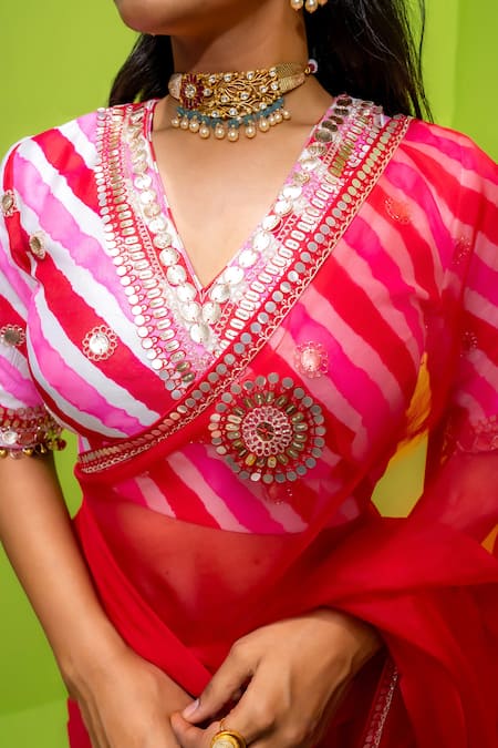 Buy Meher By Islie Red Organza, Kota Doria Embroidery V-neck Gulal Leheriya Saree With Blouse Online at Aza Fashions Buy_Meher By Islie_Red Organza, Kota Doria Embroidery V-neck Gulal Leheriya Saree With Blouse _Online_at_Aza_Fashions
