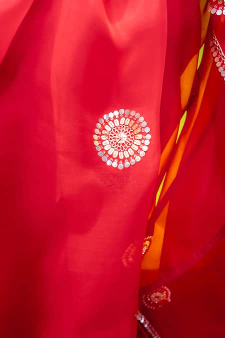 Meher By Islie Red Organza, Kota Doria Embroidery V-neck Gulal Leheriya Saree With Blouse at Aza Fashions Meher By Islie_Red Organza, Kota Doria Embroidery V-neck Gulal Leheriya Saree With Blouse _at_Aza_Fashions