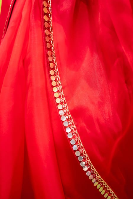 Buy Meher By Islie Red Organza, Kota Doria Embroidery V-neck Gulal Leheriya Saree With Blouse Buy_Meher By Islie_Red Organza, Kota Doria Embroidery V-neck Gulal Leheriya Saree With Blouse
