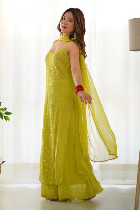 Shop LABEL AISHWARYRIKA Green Georgette Mirrors, Embroidery Scoop Neck Amalfi Chikankari Kurta Set Online at Aza Fashions Shop_LABEL AISHWARYRIKA_Green Georgette Mirrors, Embroidery Scoop Neck Amalfi Chikankari Kurta Set _Online_at_Aza_Fashions