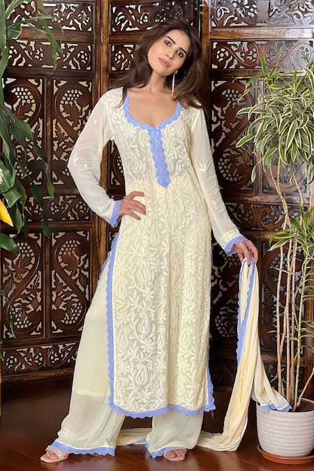 Shop LABEL AISHWARYRIKA Yellow Georgette Embroidery, Lace Aniyah Chikankari Kurta Palazzo Set at Aza Fashions Shop_LABEL AISHWARYRIKA_Yellow Georgette Embroidery, Lace Aniyah Chikankari Kurta Palazzo Set _at_Aza_Fashions