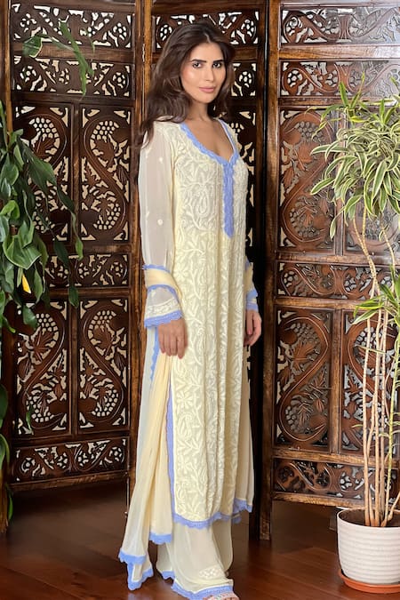 Shop LABEL AISHWARYRIKA Yellow Georgette Embroidery, Lace Aniyah Chikankari Kurta Palazzo Set Online at Aza Fashions Shop_LABEL AISHWARYRIKA_Yellow Georgette Embroidery, Lace Aniyah Chikankari Kurta Palazzo Set _Online_at_Aza_Fashions