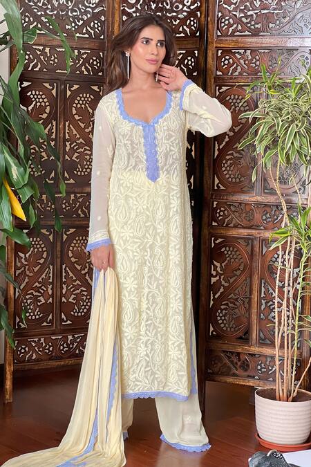 Buy LABEL AISHWARYRIKA Yellow Georgette Embroidery, Lace Aniyah Chikankari Kurta Palazzo Set Buy_LABEL AISHWARYRIKA_Yellow Georgette Embroidery, Lace Aniyah Chikankari Kurta Palazzo Set