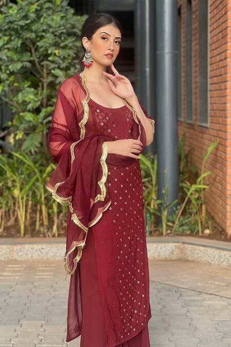 LABEL AISHWARYRIKA Red Georgette Mirrors Scoop Neck Cherry Cola Chikankari Embroidered Kurta Set Online at Aza Fashions LABEL AISHWARYRIKA_Red Georgette Mirrors Scoop Neck Cherry Cola Chikankari Embroidered Kurta Set _Online_at_Aza_Fashions