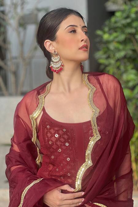 Buy LABEL AISHWARYRIKA Red Georgette Mirrors Scoop Neck Cherry Cola Chikankari Embroidered Kurta Set Online at Aza Fashions Buy_LABEL AISHWARYRIKA_Red Georgette Mirrors Scoop Neck Cherry Cola Chikankari Embroidered Kurta Set _Online_at_Aza_Fashions