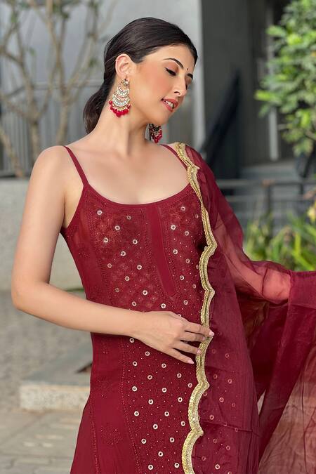LABEL AISHWARYRIKA Red Georgette Mirrors Scoop Neck Cherry Cola Chikankari Embroidered Kurta Set at Aza Fashions LABEL AISHWARYRIKA_Red Georgette Mirrors Scoop Neck Cherry Cola Chikankari Embroidered Kurta Set _at_Aza_Fashions