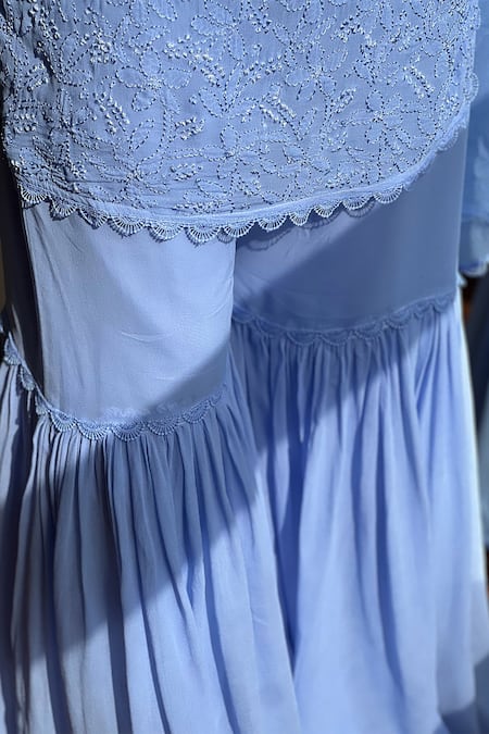 Buy_LABEL AISHWARYRIKA_Blue Georgette Embroidery, Lace Scoop Neck Lotus Chikankari Kurta Gharara Set _Online_at_Aza_Fashions