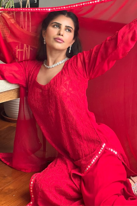 Buy_LABEL AISHWARYRIKA_Red Georgette Embroidery, Mirrors Split V-neck Work Kurta Palazzo Set _Online_at_Aza_Fashions
