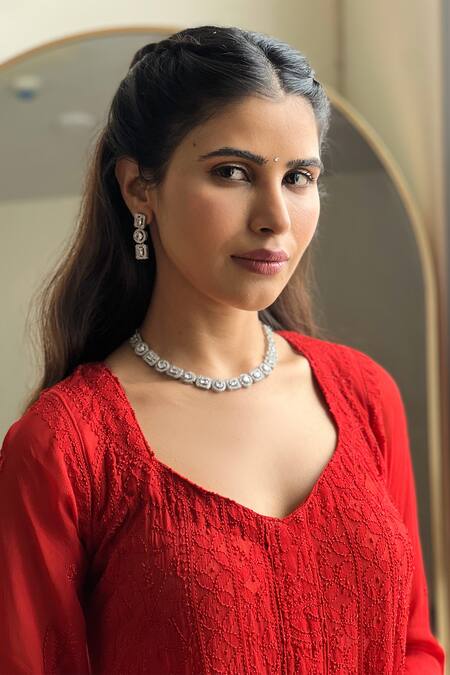 Shop_LABEL AISHWARYRIKA_Red Georgette Embroidery, Mirrors Split V-neck Work Kurta Palazzo Set _Online_at_Aza_Fashions