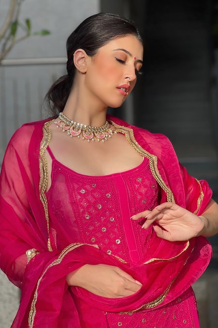 Buy_LABEL AISHWARYRIKA_Pink Georgette Embroidery, Mirrors Scoop Neck Chikankari Strappy Kurta Set _Online_at_Aza_Fashions