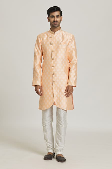 Arihant Rai Sinha Peach Brocade, Silk Embroidery Woven Floral Jacquard Sherwani With Pant Online at Aza Fashions Arihant Rai Sinha_Peach Brocade, Silk Embroidery Woven Floral Jacquard Sherwani With Pant _Online_at_Aza_Fashions