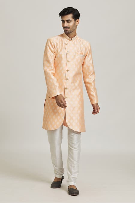 Buy Arihant Rai Sinha Peach Brocade, Silk Embroidery Woven Floral Jacquard Sherwani With Pant Online at Aza Fashions Buy_Arihant Rai Sinha_Peach Brocade, Silk Embroidery Woven Floral Jacquard Sherwani With Pant _Online_at_Aza_Fashions