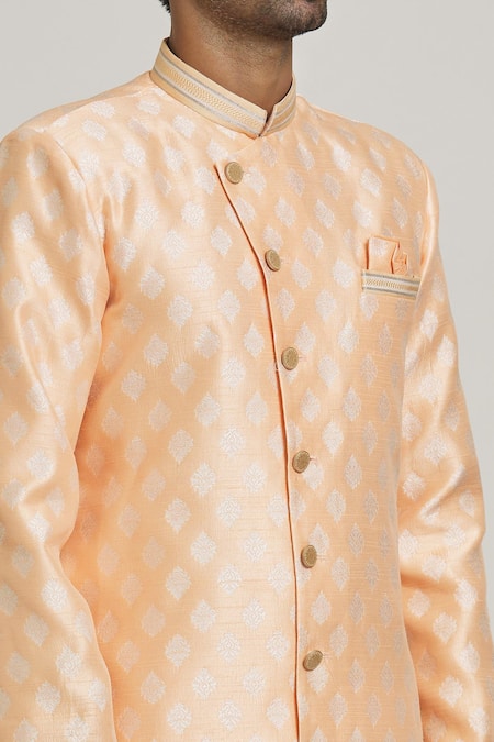 Shop Arihant Rai Sinha Peach Brocade, Silk Embroidery Woven Floral Jacquard Sherwani With Pant Online at Aza Fashions Shop_Arihant Rai Sinha_Peach Brocade, Silk Embroidery Woven Floral Jacquard Sherwani With Pant _Online_at_Aza_Fashions