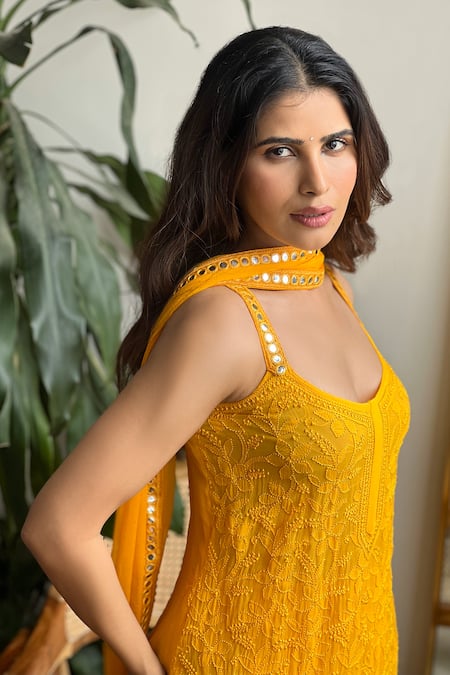LABEL AISHWARYRIKA Yellow Georgette Mirrors Scoop Neck Chikankari And Work Kurta Set Online at Aza Fashions LABEL AISHWARYRIKA_Yellow Georgette Mirrors Scoop Neck Chikankari And Work Kurta Set _Online_at_Aza_Fashions
